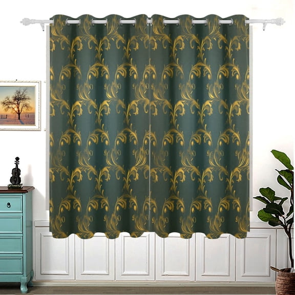Gold Floral Scrolls Pattern Thermal Blackout Curtains 63x55 Inch 2 Panels Grommet Window Drapes for Bedroom Living Room