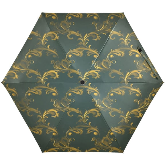 Gold Floral Scrolls Pattern Umbrellas for Sun Auto Open Close UV50+ Waterproof 5-Fold Compact Fiberglass Frame