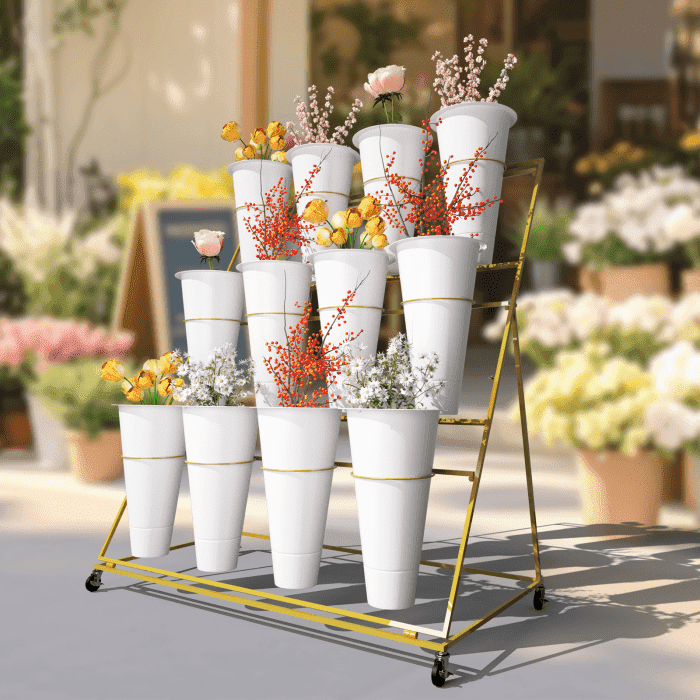 Gold Flower Display Stand with 12 PCS White Round Bucket & 4 Swivel ...