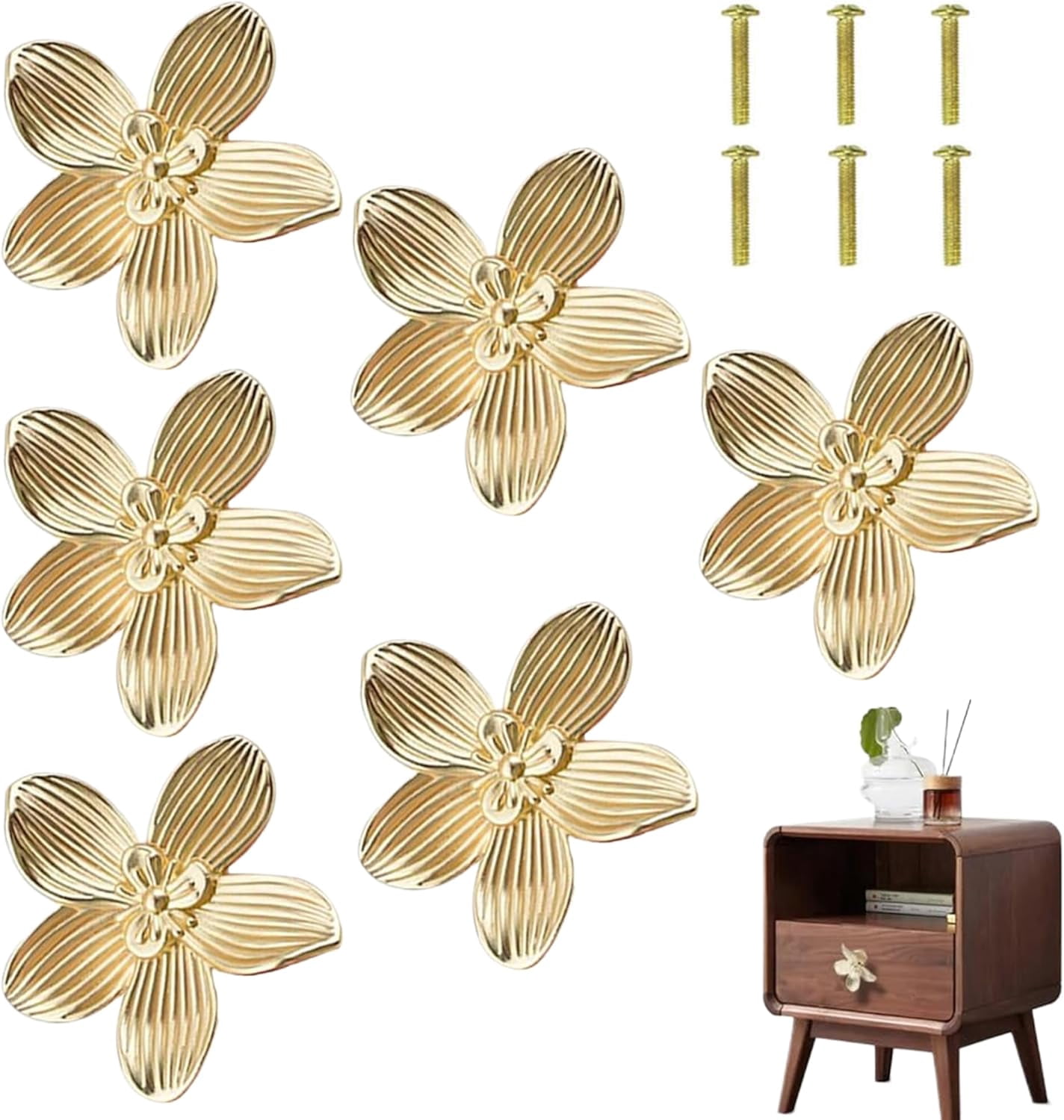 gold flower dresser knobs Clover Brass Cabinet Knobs, Flower Dresser Decor – QubicHomeware main image 0