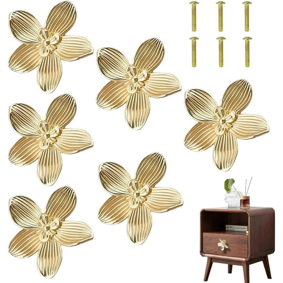 Gold Flower Dresser Knobs: 6PCS Cabinet Door Handle Knobs, Dresser Cupboard Drawers Closet Pulls, Brushed Gold Flowers Brass Decor Accessories Old Fashioned, Unique Furniture Knobs