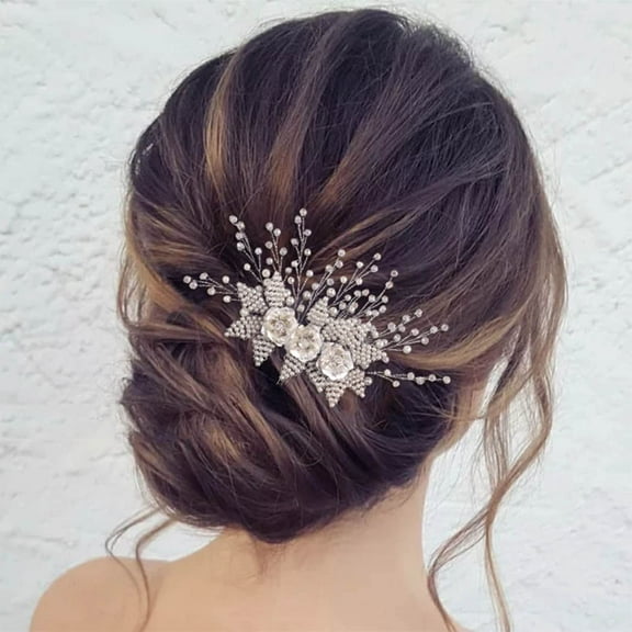 Gold Flower Hair Comb Pearl Leaf Hair Piece Crystal Beads Wedding Hair Accessories Women and Girls