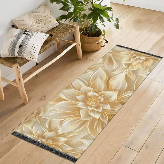 Gold Flower Runner Rug 2'x6' Hallway Area Rugs Vintage Non Slip Entryway Runner Carpet with Tassels Living Room Bedroom