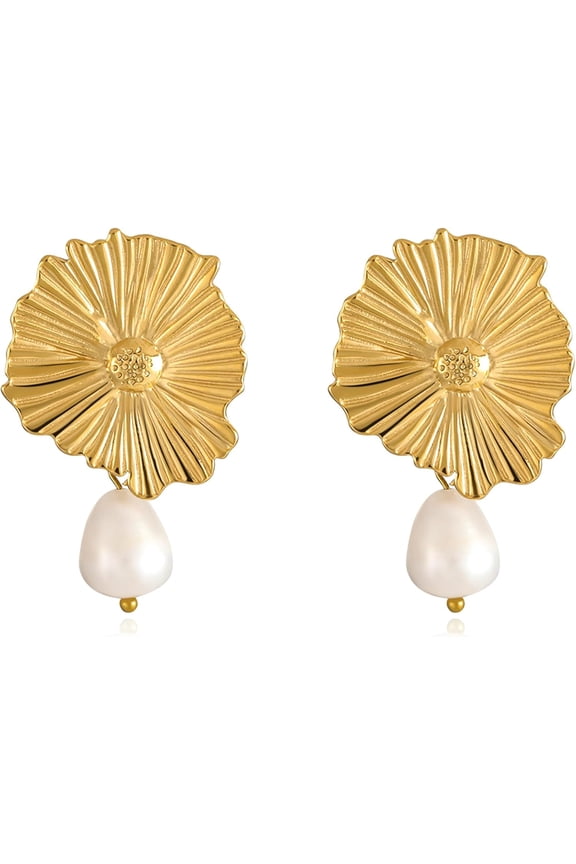 Gold Flower Statement Earrings for Women Chunky Sculptural Flower Pearl Stud Elegant Dangle Earrings 18K Gold Plated Trendy Fashion Jewelry Gifts