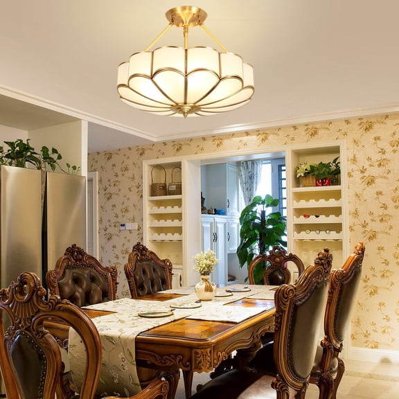Gold Flower-shaped Glass Ceiling Light, Semi-Flush Mount Dimmable Decor Lamp with 6 E26 Sockets for Bedroom Dining Room