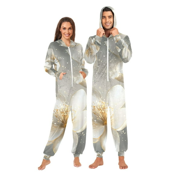 Gold Flowers Adult Onesie Pajamas Slim Fit Christmas One Piece Suit Pjs for Women and Men Hooded Zipper