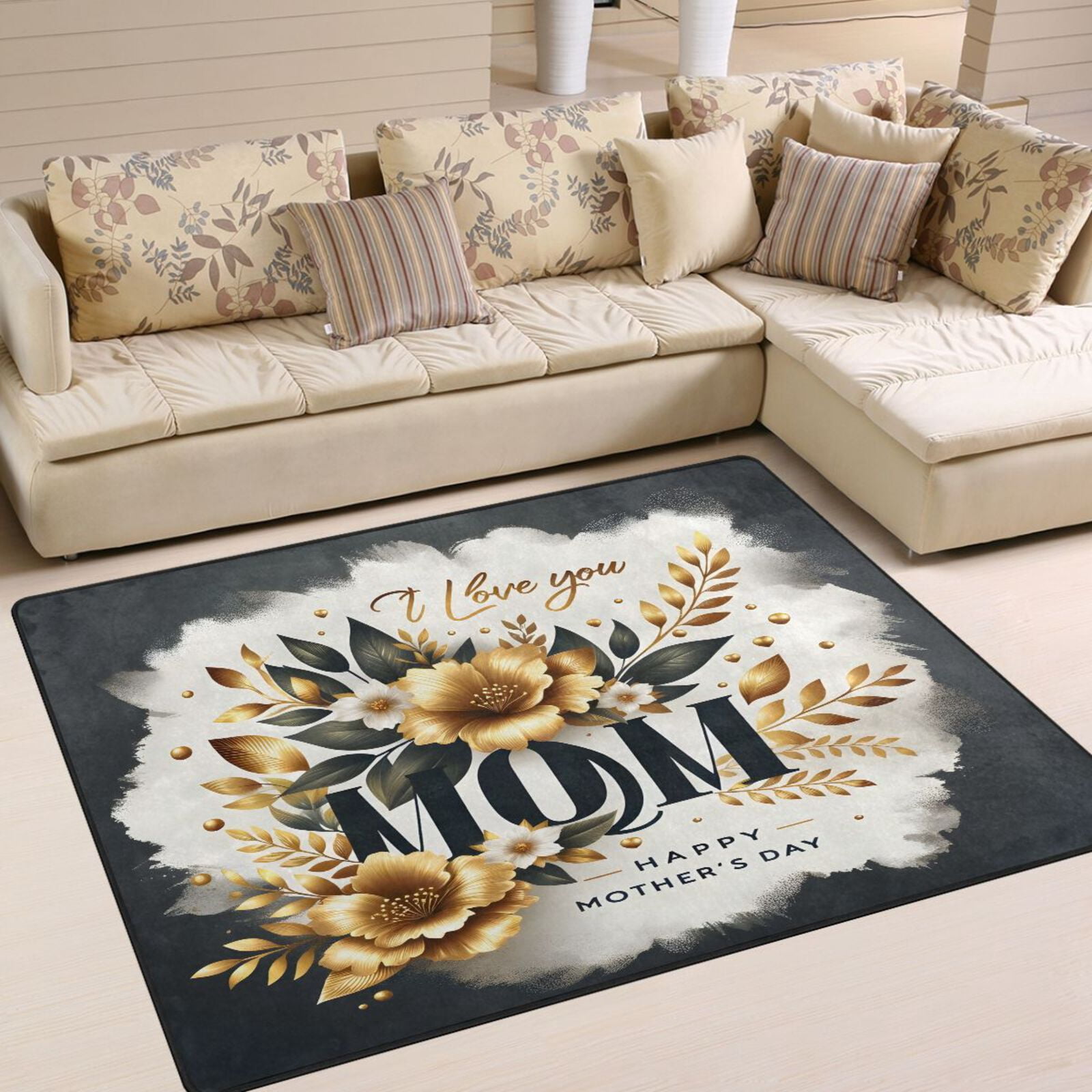 Gold Flowers Mother Day Area Rug Washable 80 x 58 Floor Carpet Mat Non ...