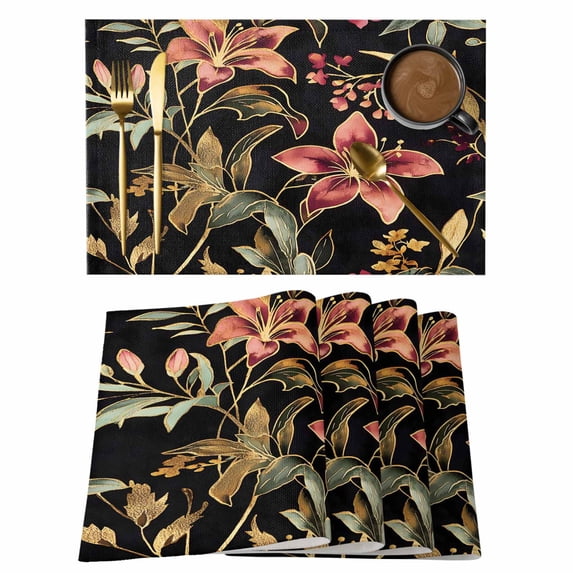 Gold Flowers Placemats Set of 2, Country Vintage Watercolor Red Floral Green Leaf Black Non-Slip Place Mats Washable Table Mats for Kitchen Dining Table Decorations Indoor/Outdoor