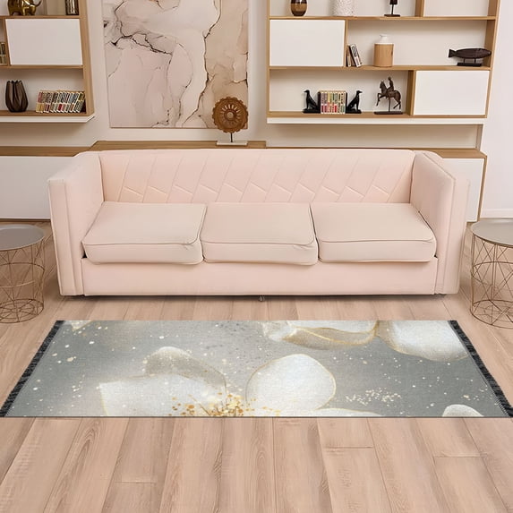 Gold Flowers Runner Rug Non-Slip Area Rugs Linen Washable Non Shedding for Kitchen Bedroom Carpet