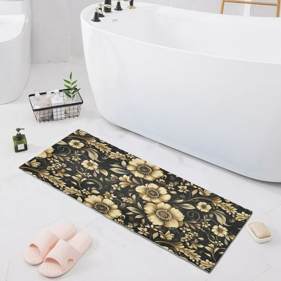 Gold Flowers and Leaves Bath Mat 39x20 Non-Slip Bathroom Rugs Absorbent Soft Plush Quick Dry for Tub Shower Kitchen Home Decor