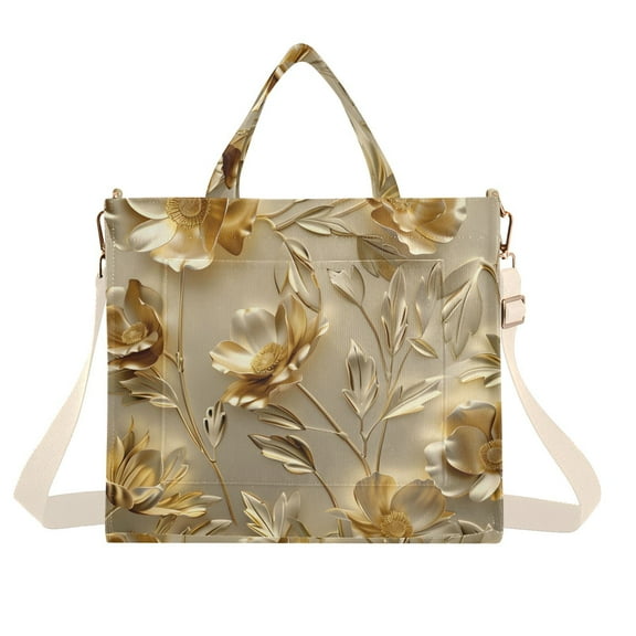 Gold Flowers and Leaves Corduroy Tote Bag Handbag Large Messenger Bag Shoulder Crossbody Zipper Bag Purse