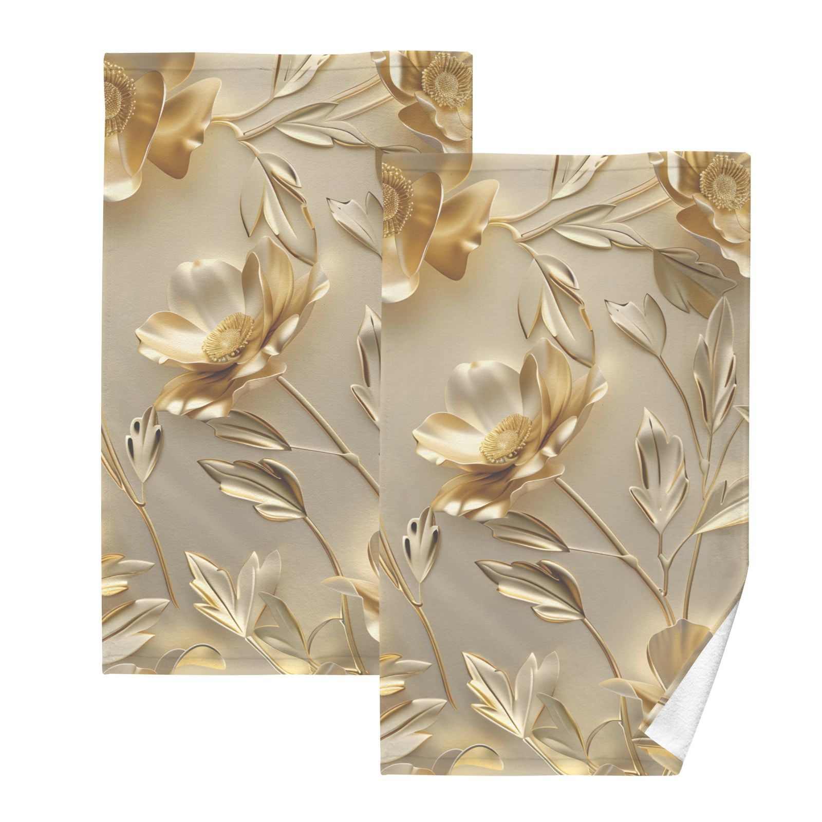 Gold Flowers and Leaves Hand Towel Bath Towels Face Towels Cotton Absorbent for Home Hotel Spa Swimming Yoga Sports Decorative Towel Set of 2