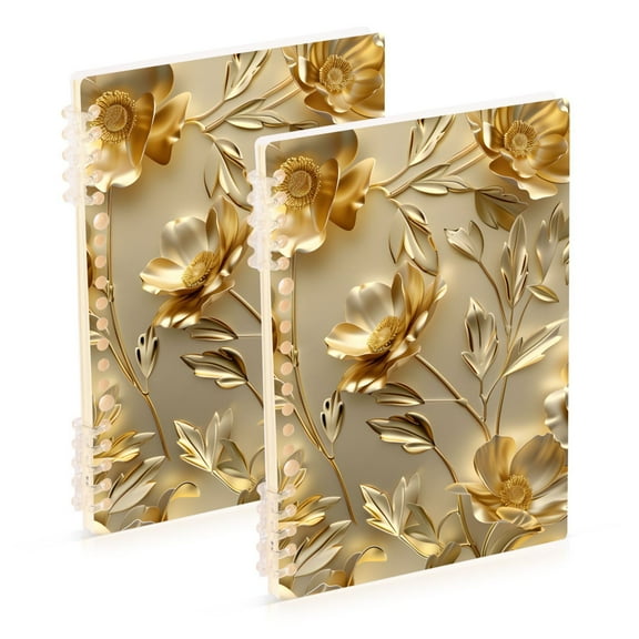 Gold Flowers and Leaves Ring Binder Notebook Journey Note Diary College Ruled Spiral Notebook Study Loose Leaf Paper A5 60 Pages