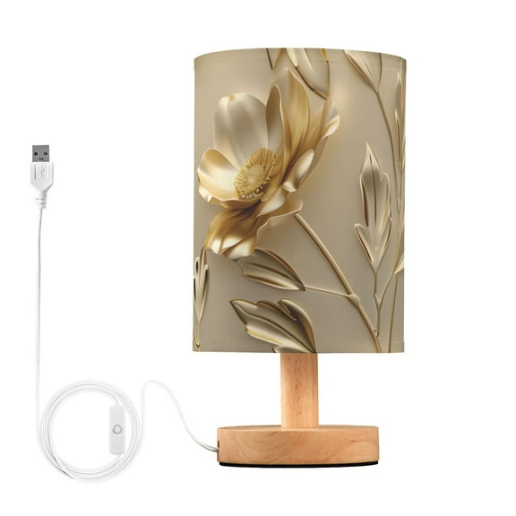 Gold Flowers and Leaves Table Lamp USB Bedside Desk Nightstand Lamp Printed Gifts Small Lamp Wood Base for Bedroom Living Room Kids Room College Dorm