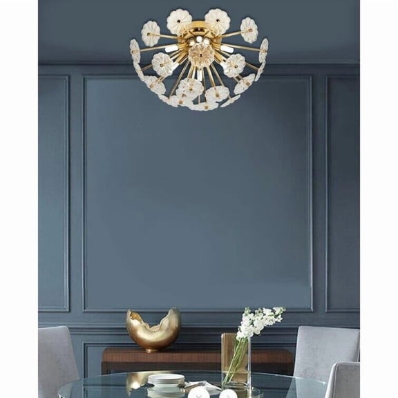 Gold Flush Mount Ceiling Light, 19.7 Inch Crystal Flower Close to Ceiling Light Fixture for Living Room Bedroom Hallway, G9 Bulb Socket, Golden