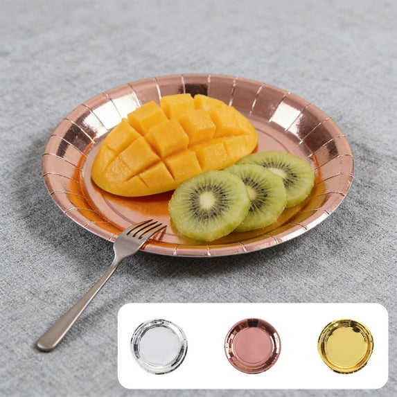 Gold Foil 9in Disposable Paper Plates 10 Pack | Elegant Metallic Finish Dinnerware for Party, Wedding, Birthday | Durable Heavy-Duty Cake, Dessert, Appetizer Plates | Gold, Pinky, Silvery Color