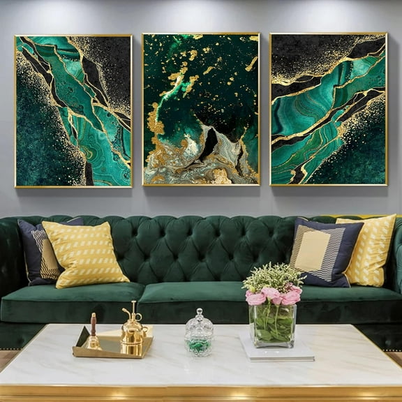 Gold Foil Abstract Marble Wall Art - Emerald Green & Dark Green Canvas - Luxury Paintings for Living Room & Bedroom - 16x24inch No Frame