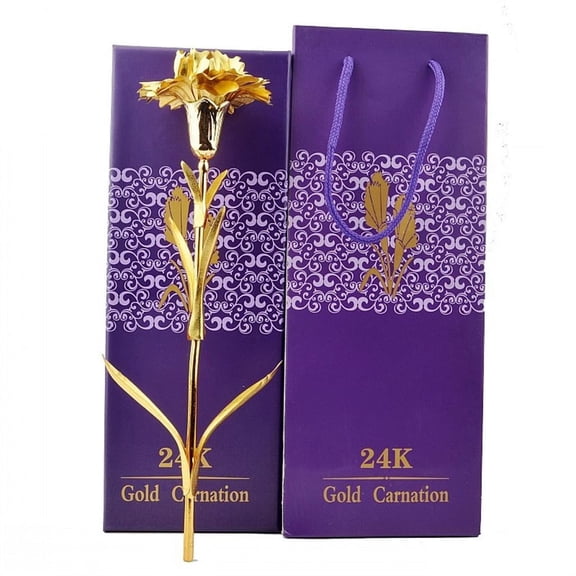 Gold Foil Carnation Flower in Purple Gift Box, Single Artificial Stem for Mother's Day Birthday Gift, 1 Box