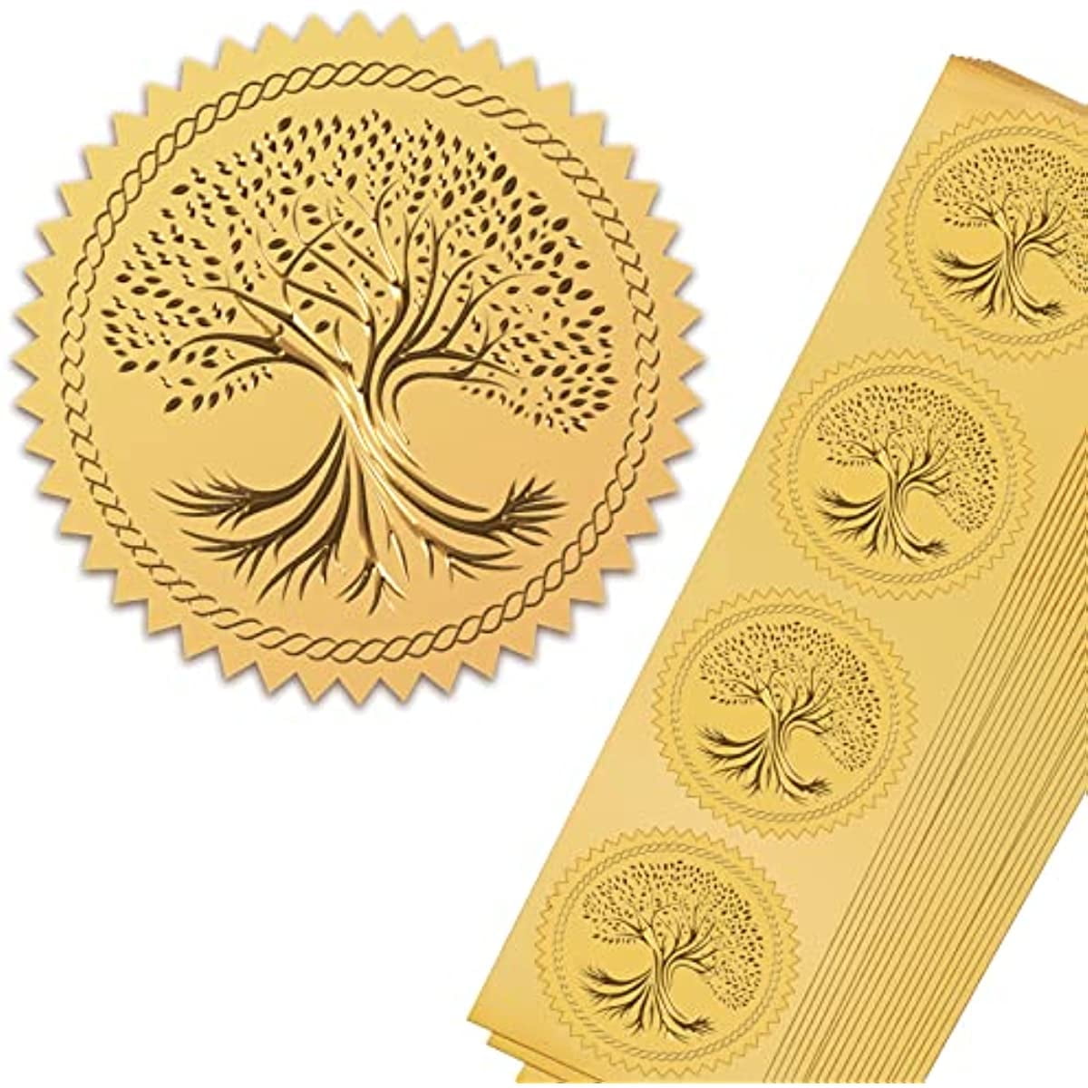 Gold Foil Certificate Seals Tree of Life 100pcs Self Adhesive Embossed
