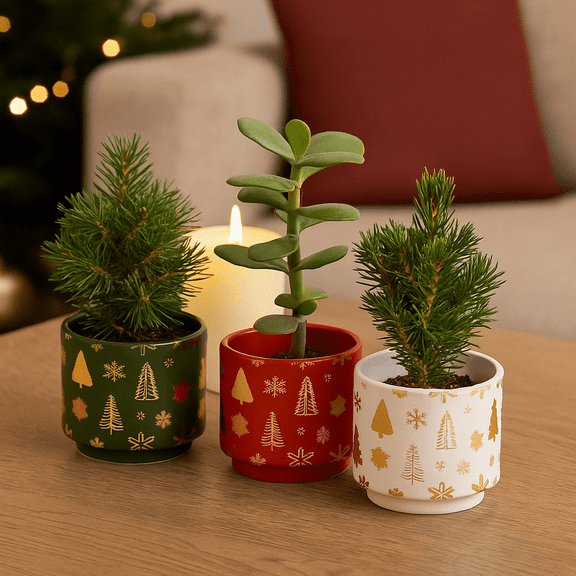 Christmas Ceramic Planter Pot – Green with Gold Tree and Snowflake Design, Indoor Holiday Flower Pot