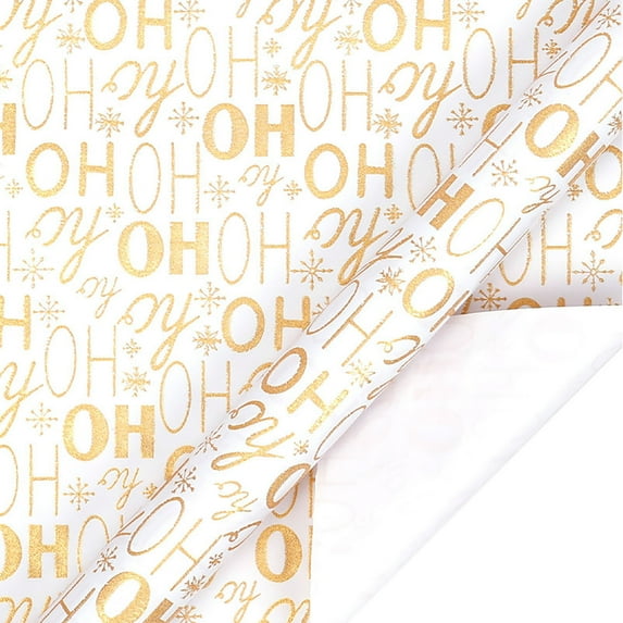 Gold-Foil Christmas Wrapping Paper - Metallic Gold Foil Kraft Wrapping Paper with Snowflake Alphabet Christmas Tree Design, Gold Kraft Gift Wrap for Xmas Holiday New Year, 18IN Roll 80 Gsm Thick