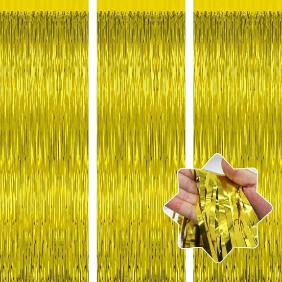 Gold Foil Fringe Backdrop Curtains, 3 Pack Backdrop for Party Decorations, Tinsel Streamers for Birthday Party Decorations, Tinsel Curtain for Graduation Mermaid Shower New Year Prom Parties