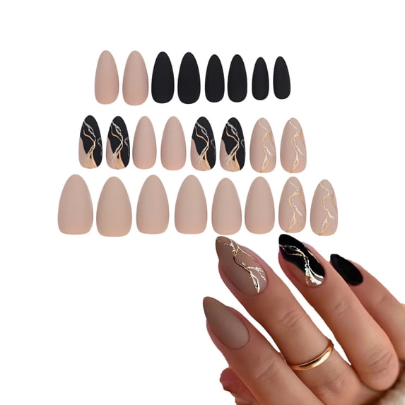 Gold Foil Gradient Press On Nails, 24Pcs Cracked Design False Nail Tips, Full Cover Reusable Fake Nails, Durable Nail Art Kit with Jelly Glue, Easy DIY Manicure for Women Party Daily Use
