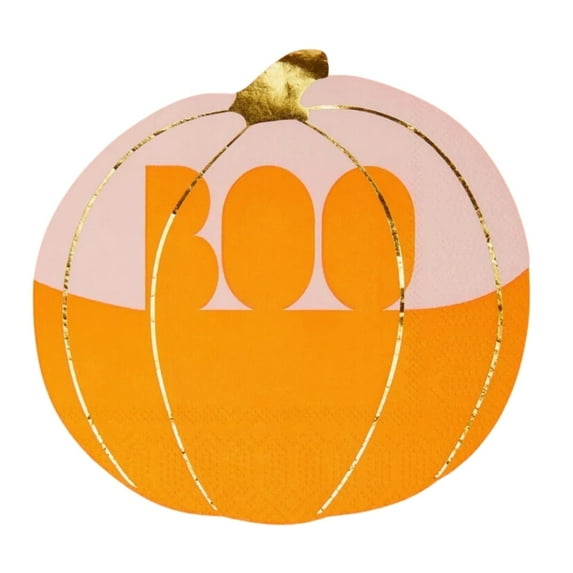 Gold Foil Halloween Pumpkin Napkins with “Boo!” 16ct | Festive 6.5" Party Napkins for Halloween