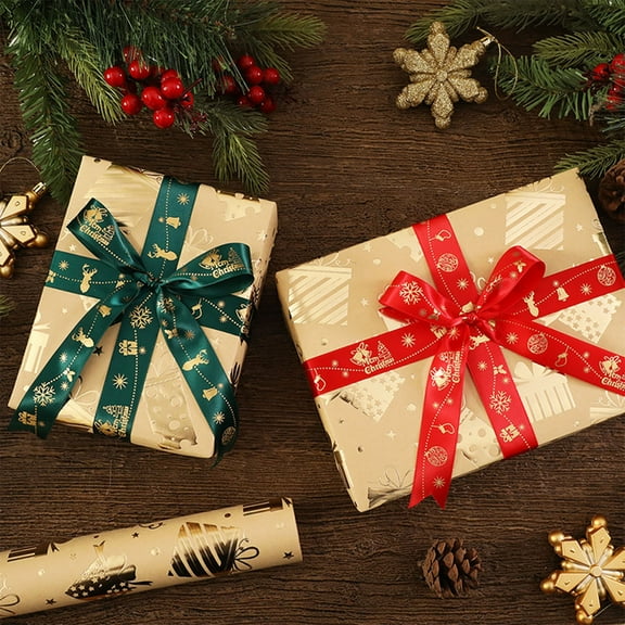 Gold Foil Kraft Christmas Wrapping Paper with Santa and Snowflake Patterns, Holiday Gift Wrap for Christmas Presents, Festive Packaging Paper for Seasonal Giving
