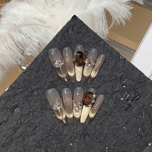 Gold Foil Large Fuax-Diamond Handmade Press on Nails for Women Classy Pretty Cool Extra Long Almond Gold Fake Nails