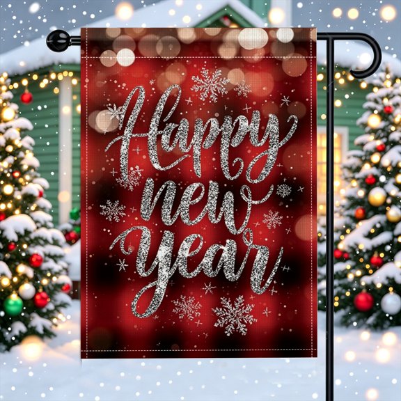 Gold Foil New Year Cursive Letter Garden Flag, Polyester,12x18 inch, Double Sided, Cozy Backyard Holiday Decoration