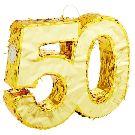 Sparkle and Bash Gold Foil Number 50 Pinata - 16 x 3 x 13.2 In - Elegant Gold Foil for Pinata 50th Birthday - Sturdy Corrugated Interior for Birthday Decor - Easy-Fill Top for Party Games