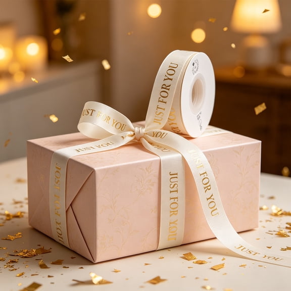 Gold Foil Print Grosgrain Ribbon For Flower Bouquet Gift Wrapping,Beige