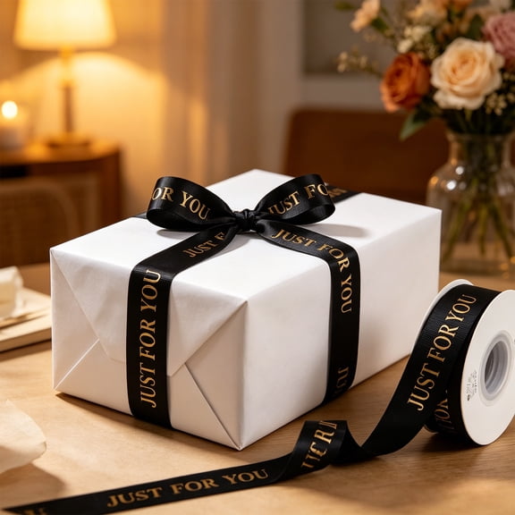 Gold Foil Print Grosgrain Ribbon For Flower Bouquet Gift Wrapping,Black