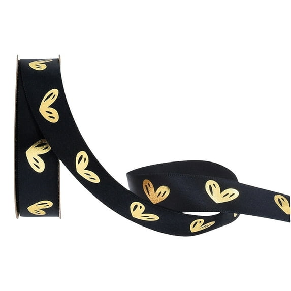 Gold Foil Printed Heart Ribbon, DIY Handmade Satin Ribbon for Gift Wrapping, Bouquets, Wreaths, and Holiday Decorations, 1 Roll