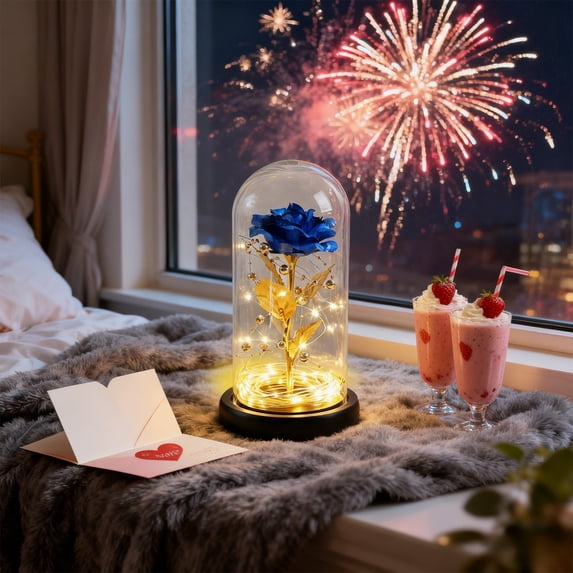 Gold Foil Rose in Glass Dome with LED Lights, Valentines Day Gift for Her, Romantic Anniversary Birthday Decor, Night Light Home Decor Centerpiece for Desk, Bedroom, Living Room