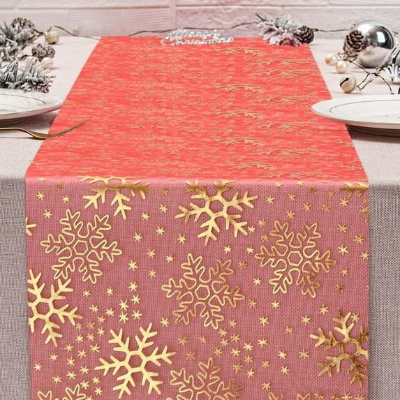 Gold Foil Snowflake Table Runner Nylon Material Festive Design For Christmas Holiday Gathering Dining Decor Measuring 108.26x11.02 Inches (Red)