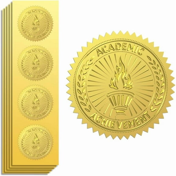 Gold Foil Sticker Seal Embossed Academic and Achievement 2 Inch 100Pcs Self Adhesive Gold Around Embossing Medal Sticker for Certificate Paper Student Reward Award Envelope Seal Golden