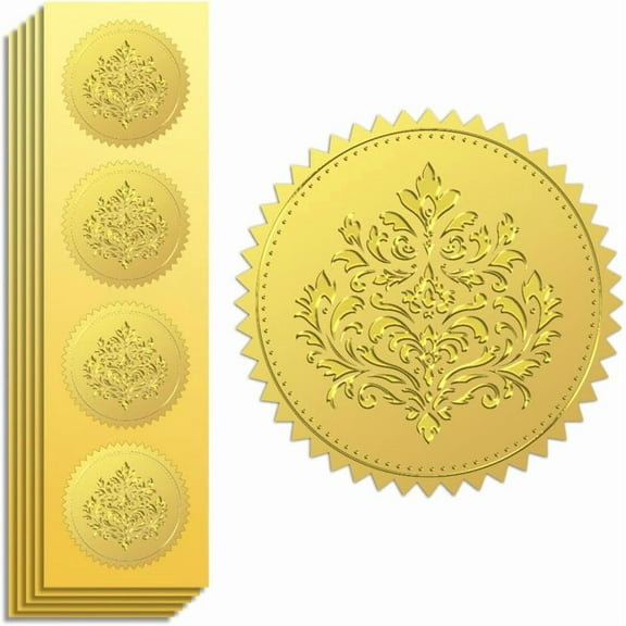 Gold Foil Sticker Seal Embossed Baroque Pattern 2 Inch 100Pcs Self Adhesive Golden Around Embossing Decals for Invitation Certificate Envelope Seal Gift Card Decoration diy