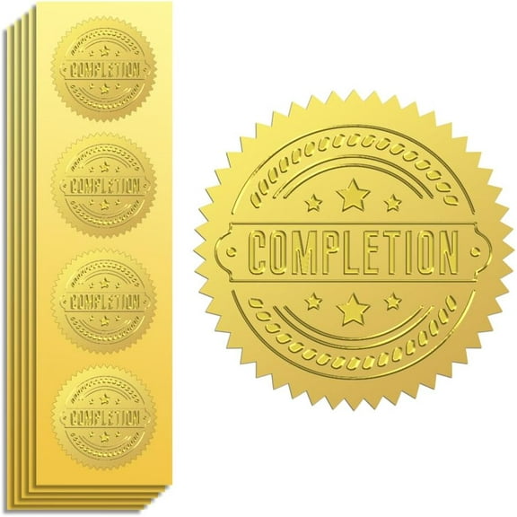 Gold Foil Sticker Seal Embossed Completion and Stars 2 Inch 100Pcs Self Adhesive Gold Around Embossing Medal Sticker for Certificate Paper Student Reward Award Envelope Seal