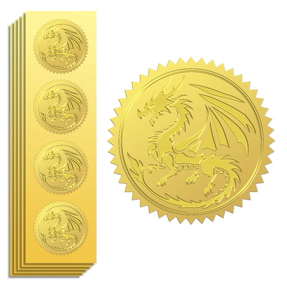 Gold Foil Sticker Seal Embossed Dragon 2 Inch 100Pcs Self Adhesive Golden Around Embossing Decals