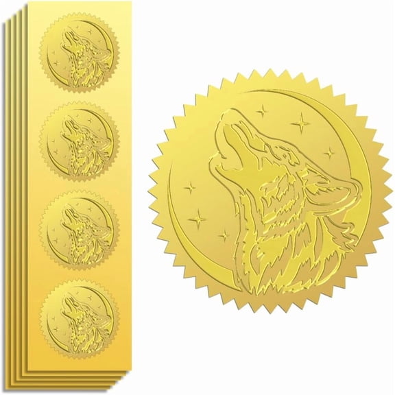 Gold Foil Sticker Seal Embossed Howling Wolf and Moon 2 Inch 100Pcs Self Adhesive Golden Around Embossing Decals for Invitation Certificate Envelope Seal Gift Card Decoration