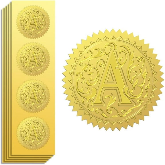 Gold Foil Sticker Seal Embossed Letters A 2 Inch 100Pcs Self Adhesive Golden Around Embossing Decals for Invitation Certificate Envelope Seal Gift Card Decoration