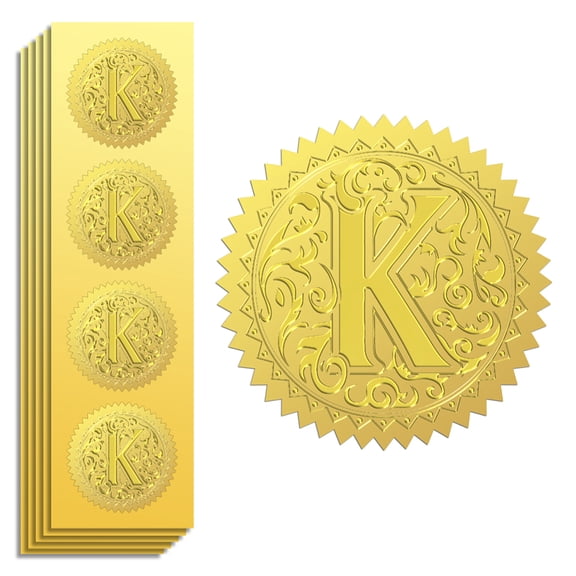 Gold Foil Sticker Seal Embossed Letters K 2 Inch 100Pcs Self Adhesive Golden Around Embossing Decals for Invitation Certificate Envelope