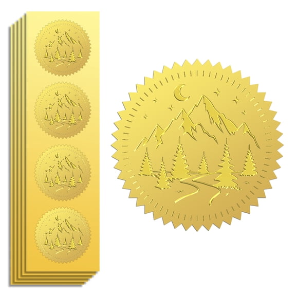Gold Foil Sticker Seal Embossed Mountains and Forests 2 Inch 100Pcs Self Adhesive Golden Around Embossing Decals DIY