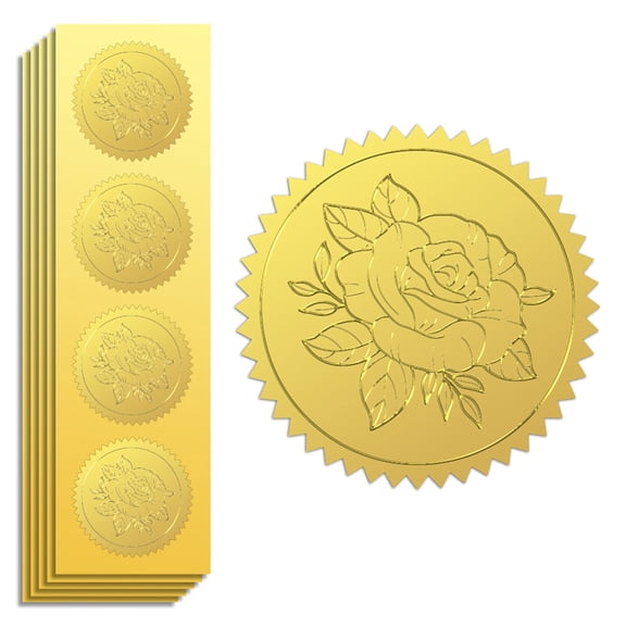 Gold Foil Sticker Seal Embossed Roses 2 Inch 100Pcs Self Adhesive Golden Around Embossing Decals for Invitation Certificate Envelope Seal