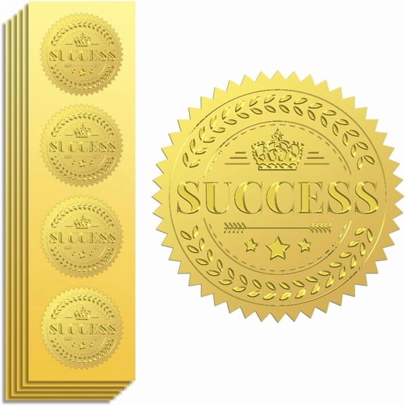 Gold Foil Sticker Seal Embossed Success and 2 Inch 100Pcs Self Adhesive Gold Around Embossing Medal Sticker for Certificate Paper Student Reward Award Envelope Seal Gold