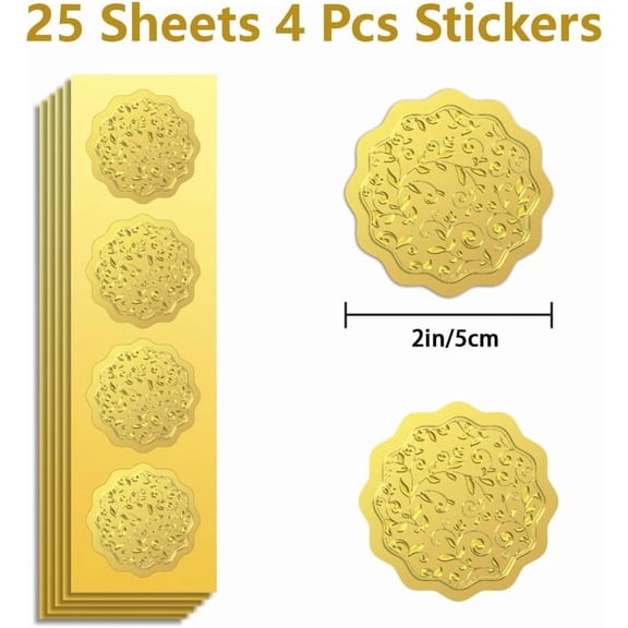 Gold Foil Sticker Seal Embossed Vine Leaves 2 Inch 100Pcs Self Adhesive Golden Around Embossing Decals for Invitation Certificate Envelope Seal Gift Card Decoration