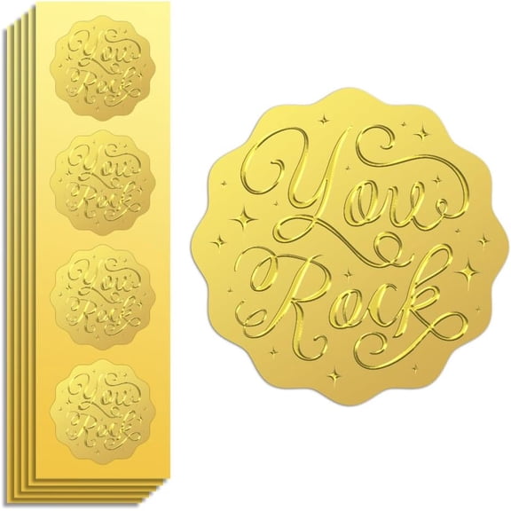 Gold Foil Sticker Seal Embossed You Rock 2 Inch 100Pcs Self Adhesive Golden Around Embossing Decals