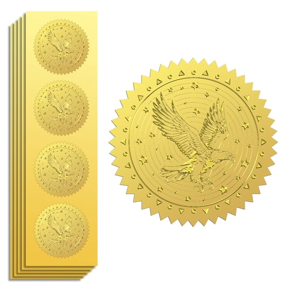 Gold Foil Stickers Seals Embossed Eagle 2 Inch 100Pcs Self Adhesive Gold Around Embossing Stickers for Envelope Seals Gift
